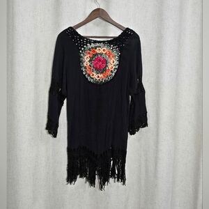 Beach By Exist Black Tunic with Crochet Yoke and Multicolor Floral Rosette